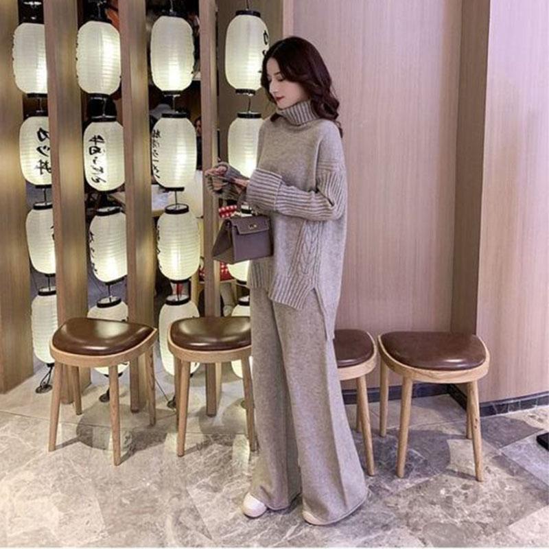 2pcs/set  Two Piece Set Pullover Sweater Tracksuit Women Elastic High Waist Knit Wide Leg Pants Women Suit 2 Piece Set  Winter Outfits