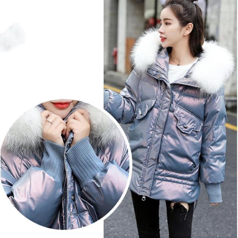 Women's Shiny Hooded Down Jacket Regular Korean Style Loose Thick Coat Warm Cotton Coat with Big Leather Collar Winter Jacket Quilted Jacket
