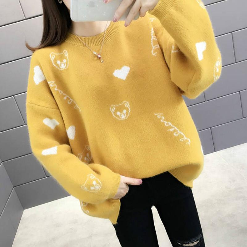 Autumn Winter Warm Loose Cute Sweater Girl Pullover Round Neck Long Sleeved Sweater