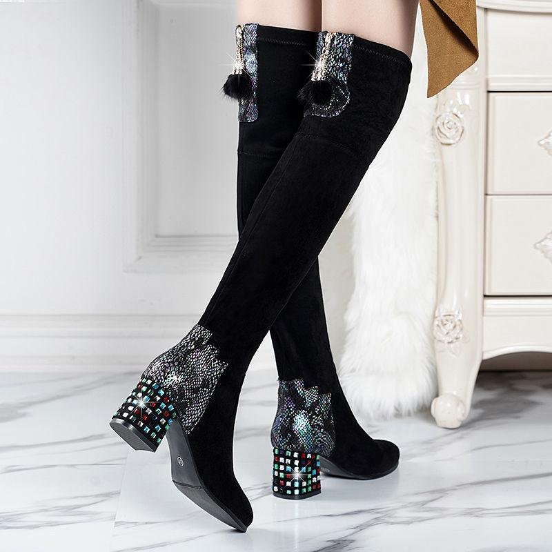 Women's Thick Heel Over Knee Boots High Heel Elastic  Boots Autumn  Winter Plus Fleece High Boots