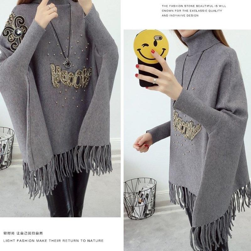 Autumn/winter High-neck Casual Sweater Women Loose Bat Sleeve Jacket Knit Sweater Cloak Shawl Tassel Plus Size Autumn Clothes