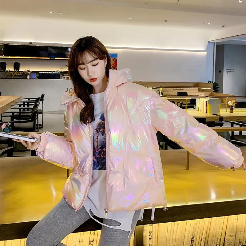 Winter Fashion Ladies Shiny Down Jacket Short Color Thick Loose Hooded Down Jacket