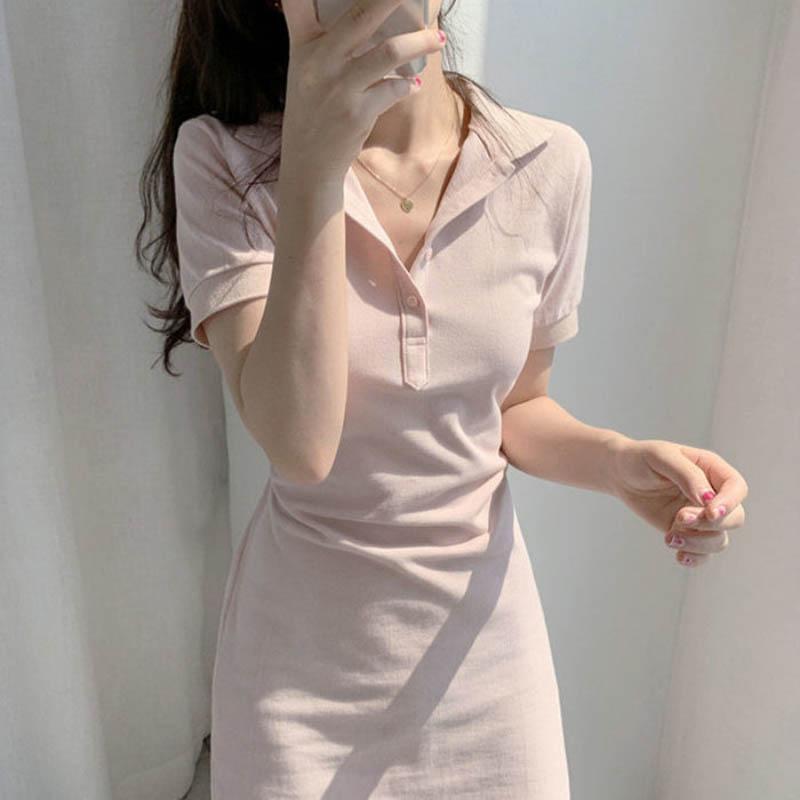Summer Short Skirt Girl Retro Polo Collar Waist Slim Short Sleeve Small Man Pure Cotton Dress Pink