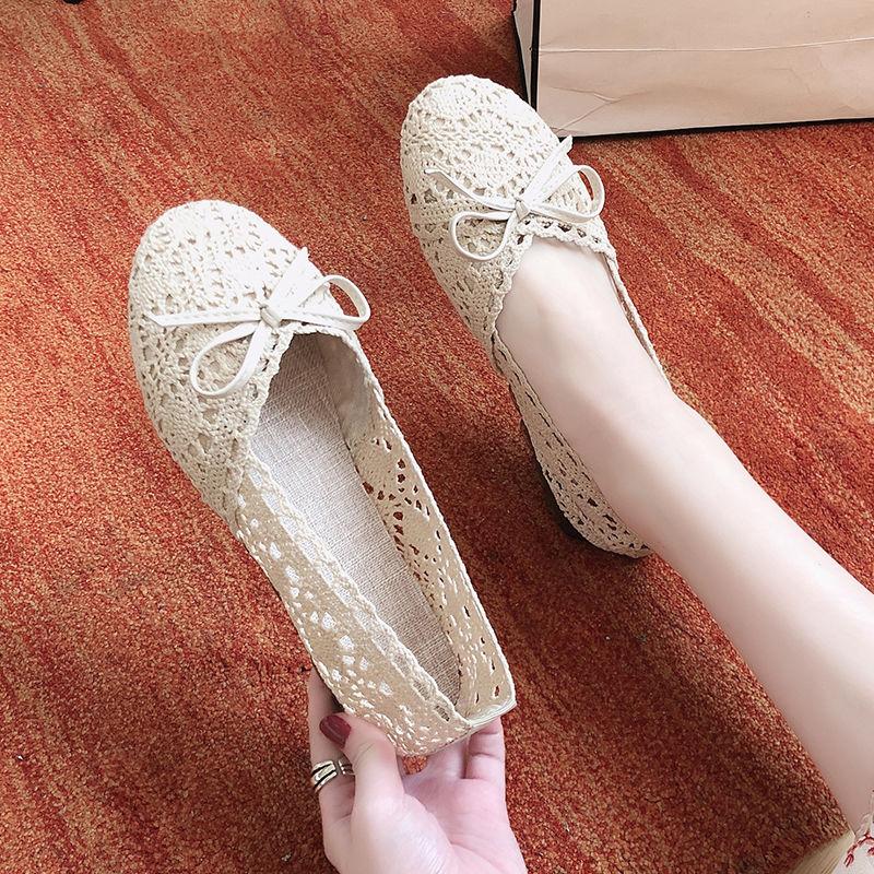 Spring Summer Women's All-match Flat-bottom Non-slip Lazy Shoes Tendon Bottom Mesh Surface Hollow Soft Sole Shoes