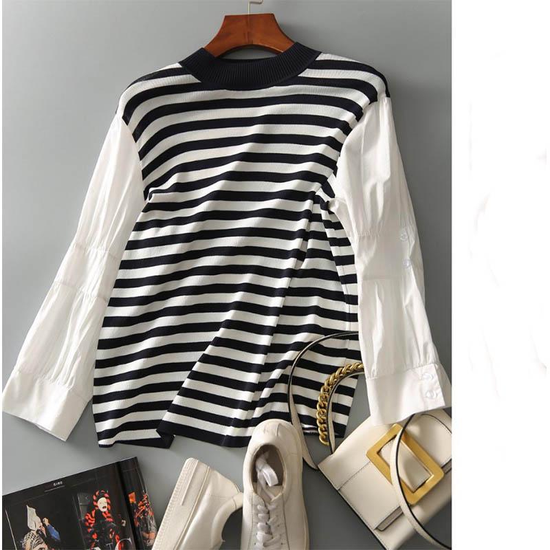 Striped Color-blocking Shirts Knitwear Women's Tops Western-style Sweet Bottoming Shirts