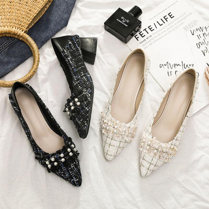 Pointed Shallow Mouth Gentle Shoes Thick Heel Small Fragrant Style Single Shoes Women's Mid-heel Pointed High Heels Pearl Fabric High Heels