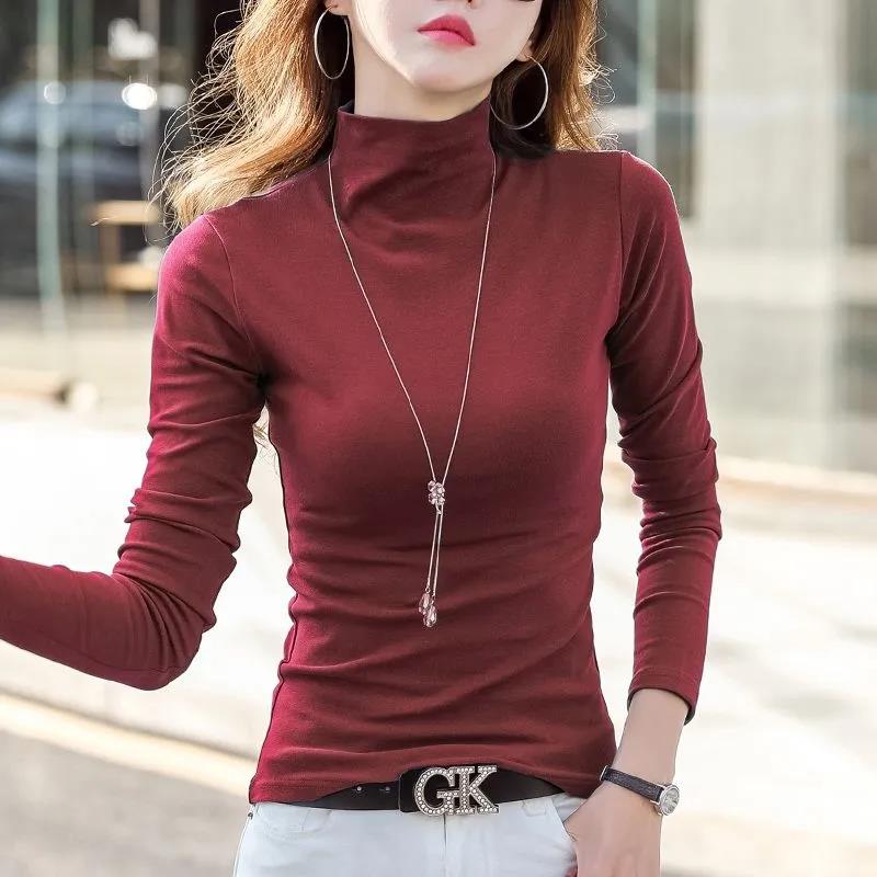 Spring and Autumn Women's Cotton Half Turtleneck Long Sleeve Solid Color All-match Bottoming Shirt Top