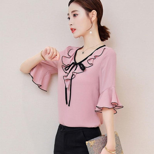 Short -sleeved Chiffon Shirt Female Summer Flared Sleeve Shirt Female