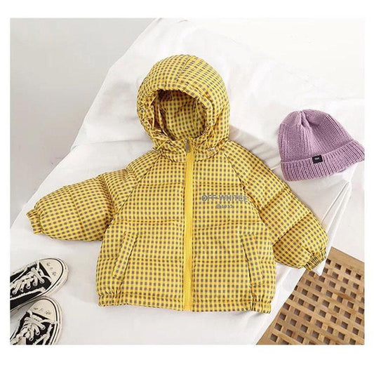 Girls' Down Jacket Short Plaid Children's Clothing Winter Jacket with Velvet Padded Warm Jacket