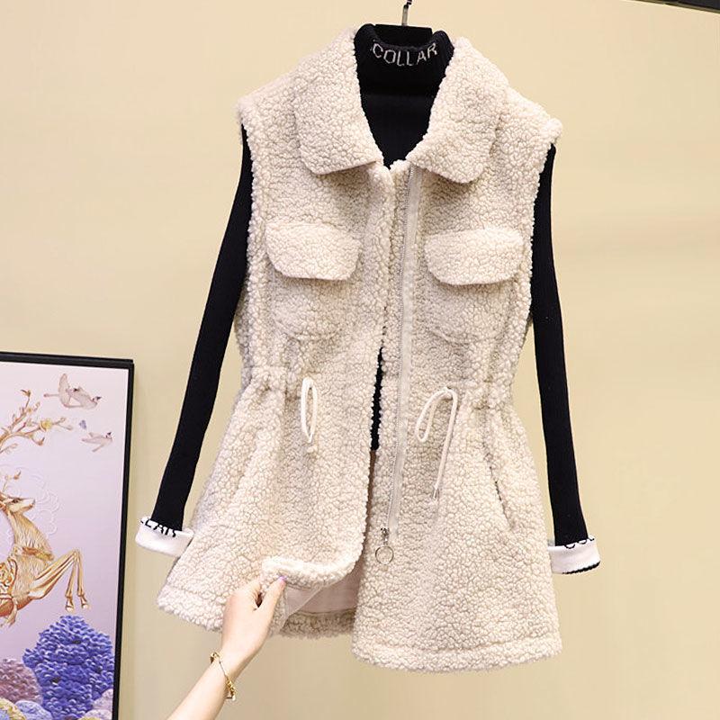 Lamb Wool Waistcoat Jacket Female Autumn and Winter Loose Mid-length Outer Jacket Solid Color Pocket Sleeveless Sweater