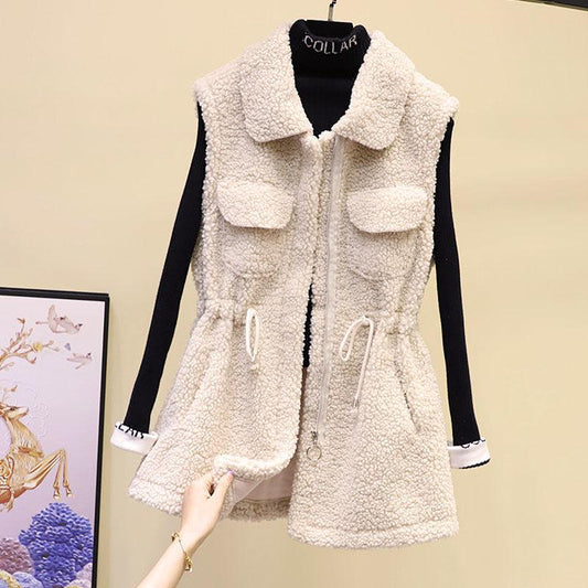 Lamb Wool Waistcoat Jacket Female Autumn and Winter Loose Mid-length Outer Jacket Solid Color Pocket Sleeveless Sweater