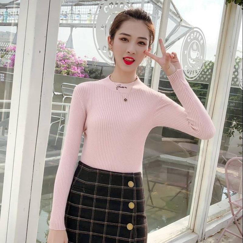 Winter letter embroidered turtleneck sweater bottoming female  long sleeve pullover Slim sweater