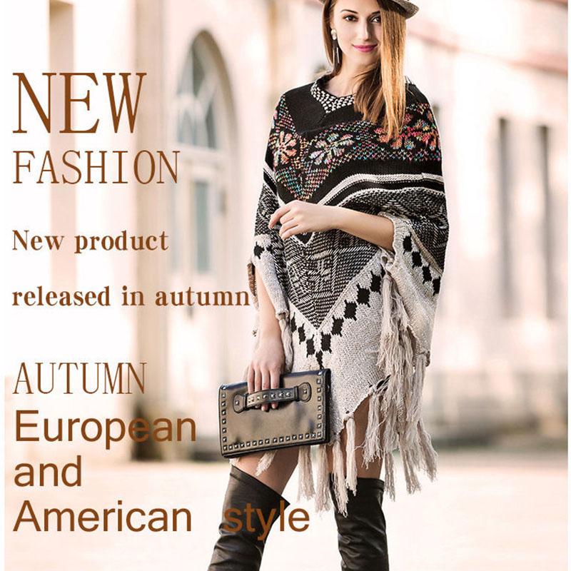 Bohemian Ethnic V-neck Sweater Women's Mid-length Pullover Cape Shawl Batwing Sweater Coat Tassel Sweater Autumn Winter