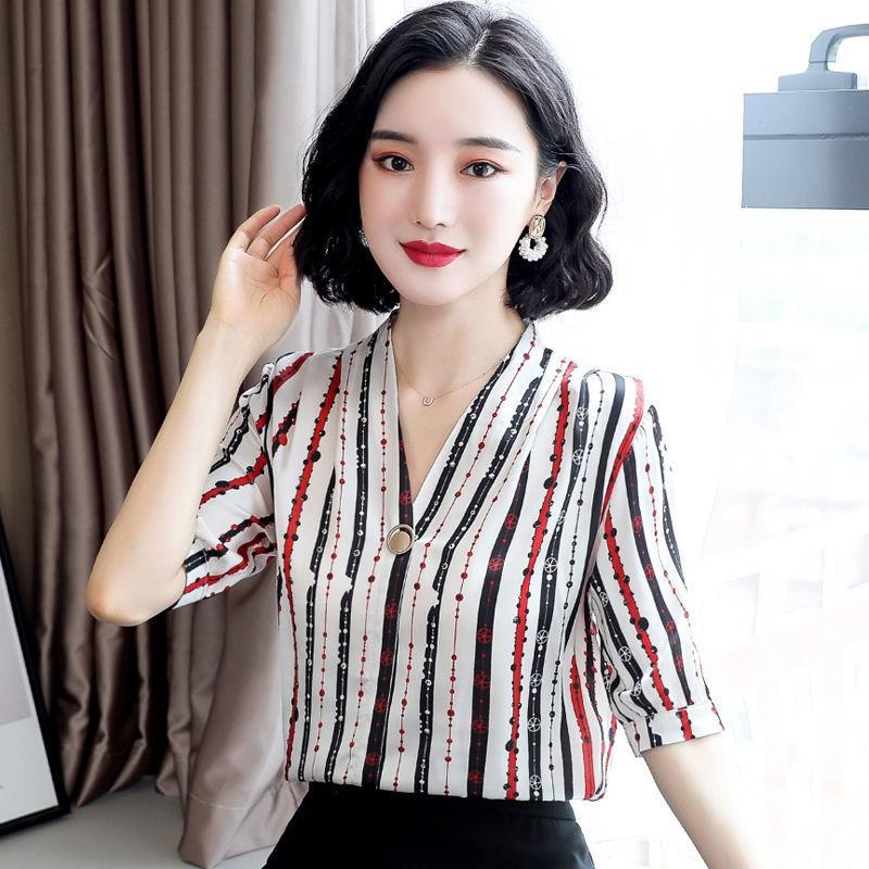 V-neck Shirt Women's Short-sleeved Summer Print Slim Shirt Loose Satin Shirt Temperament Elegant Suit with Shirt Inside