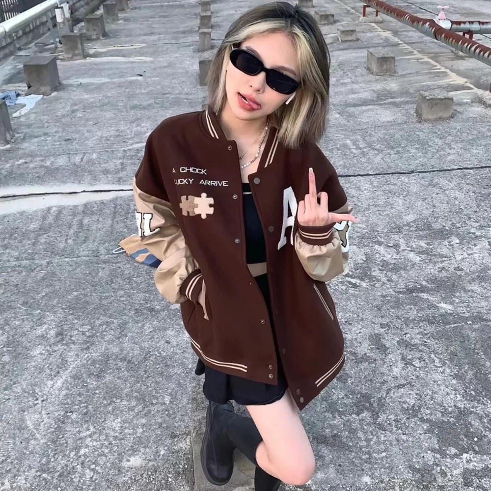 Women's Retro Baseball Uniform Autumn and Winter Loose All-match Vintage Stitching PU Leather Sleeve Jacket Jacket Ins Zipper Cardigan Student Jacket