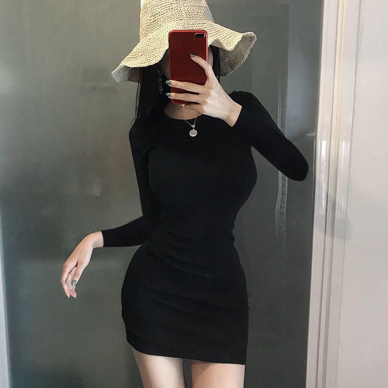 Ladies Mid-lengthTight-fitting Stretch-wrapped Hip Skirt Waist Slim Slimming Dress Sexy Long Sleeves