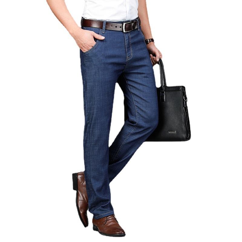 Thin Men's Trousers Spring and Summer New Elastic Large Size Loose Casual Business Straight Middle-aged Men's Jeans