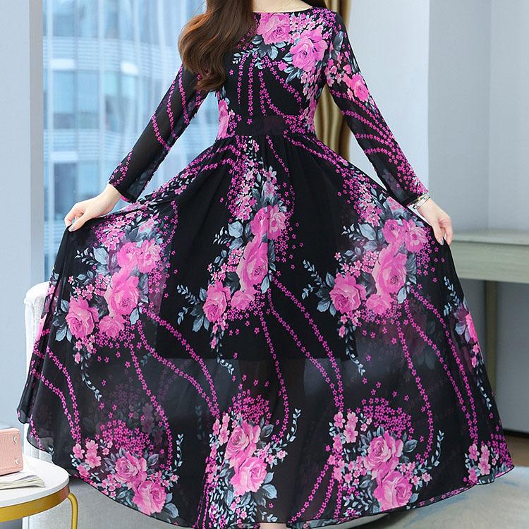 Women's Spring Summer Printed Long Sleeve Dress Autumn Loose Plus Size Casual Long Floral A-line Dress