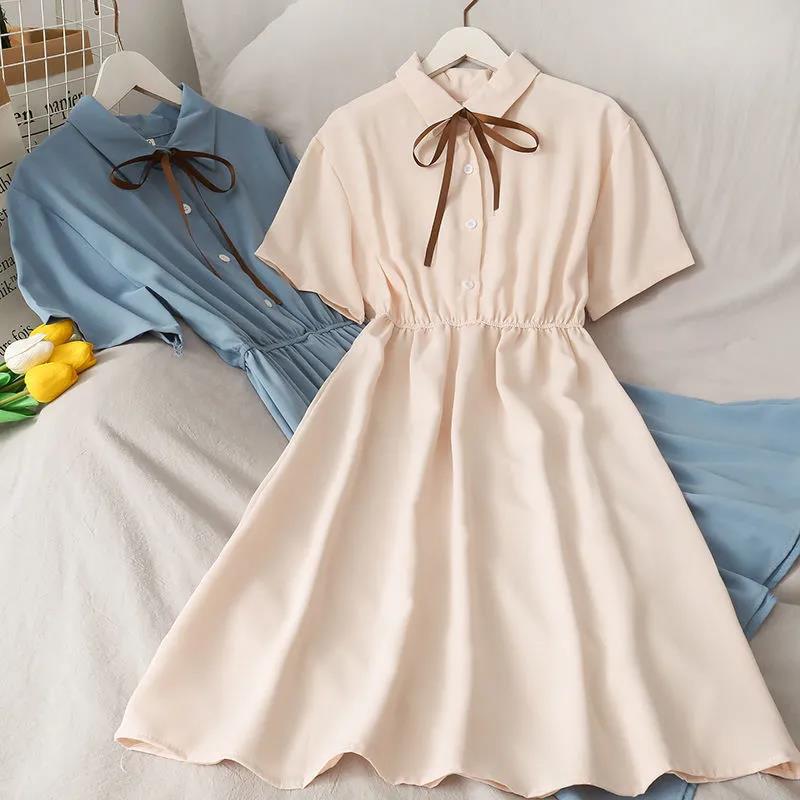 High Waist Dress Female Student College Style Lace-up Summer All-match Short-sleeved Chiffon Dress