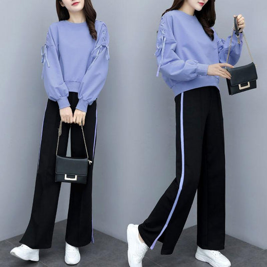 Suit Long-sleeved Shirt + Loose Wide-leg Pants Two-piece Loose Casual Sportswear Suit Female Outdoor Sports Suit Casual Home Wear