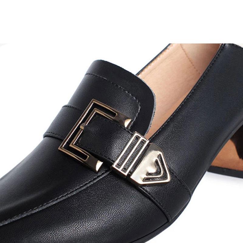 Women's Soft Surface Comfortable Square Toe Small Leather Shoes Real Cowhide Thick British Style Mid-heel Work Shoes Casual Shoes Single Shoes