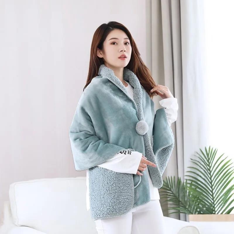 Autumn  Winter Multi functional Shawl Blanket Office Nap Blanket Thick Flannel Lamb Wool Blanket Knee Blanket Fur Ball Pocket Mantle Shawl