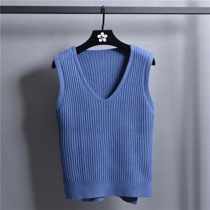 V-neck Knitted Short Vest College Style Solid Color Loose Vest Striped Casual Women's Sweater