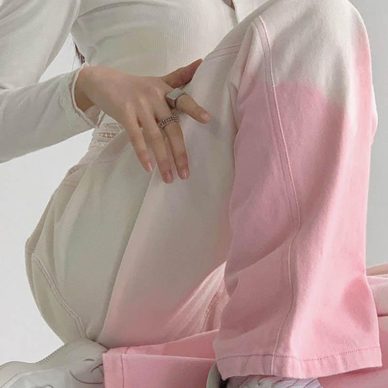 Gradient Straight Jeans Female High Waist Large Size Fat Mm Loose Thin European and American Pink Pants Tide