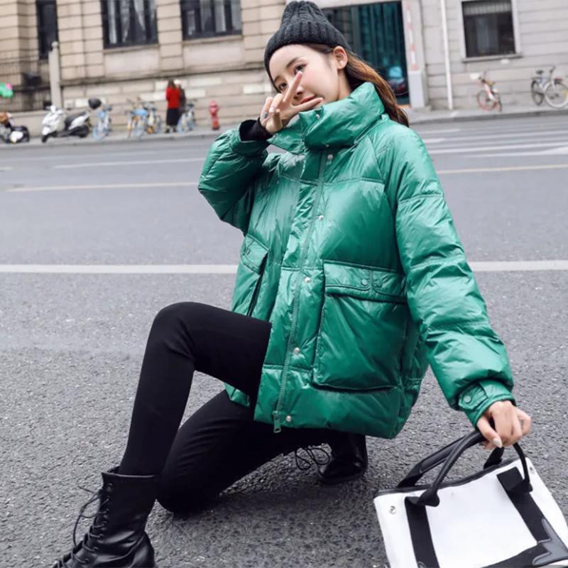 Women's Shiny Short Down Jacket Winter Korean Style Loose Quilted Jacket Casual Stand-collar Padded Jacket