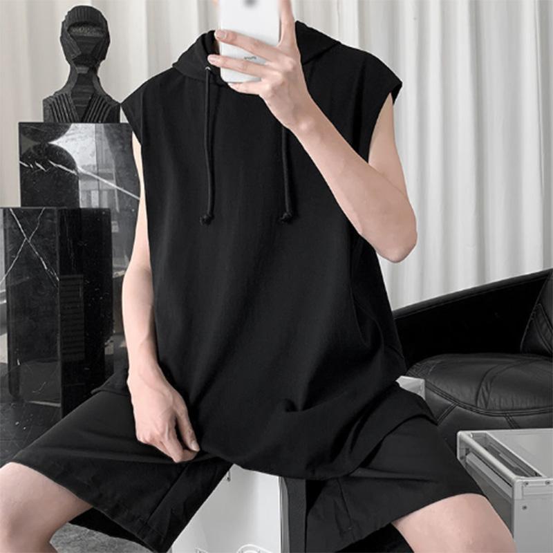 Summer Solid Color Hooded Vest Men's Trendy Loose Waistcoat Slit All-match Sports Hoodie Vest