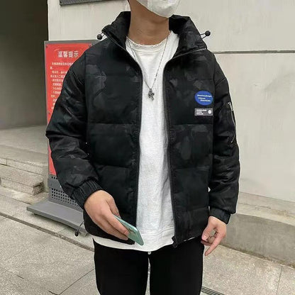 Men's Winter Down Jacket Plus Size PU Leather Camouflage Jacket Streetwear Coat Stand Collar Solid Color Casual Jackets Warm Thick Black Clothing