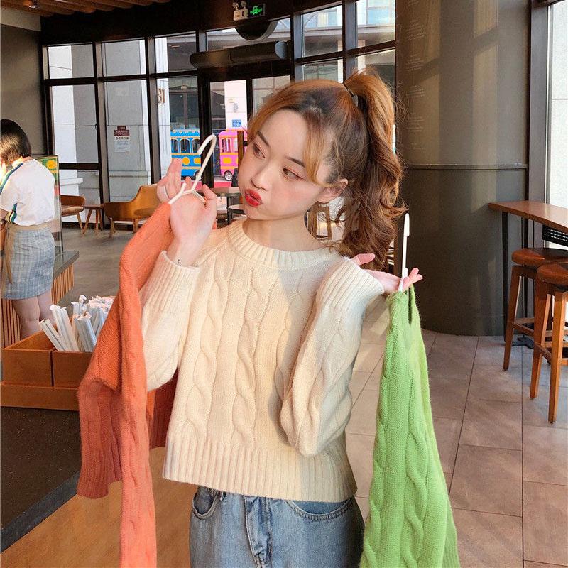 Sweater Women's Pullover Short Twist Knitwear Pure Color Korean Ladies Style Loose Top Trendy Sweater High Waist Jumper Fall