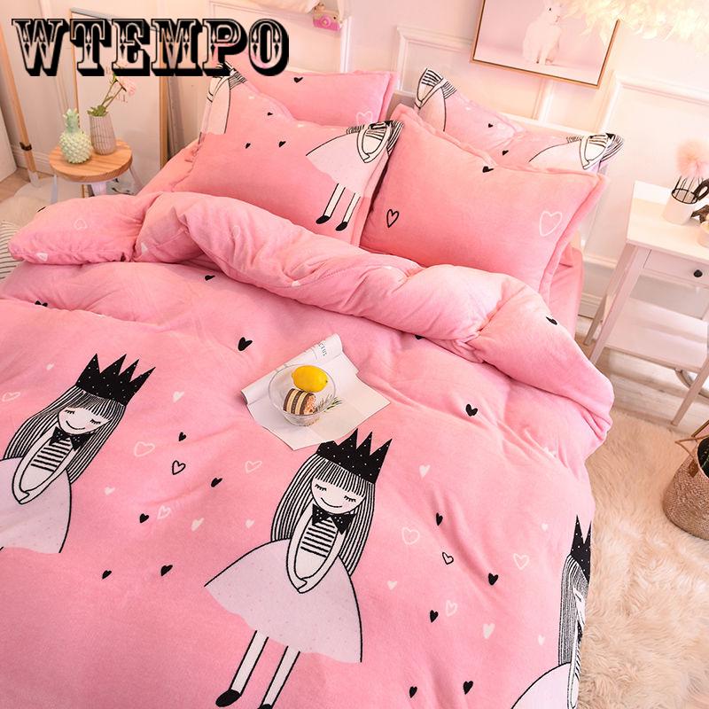 4pcs Star/cartoon Pattern Quilt Cover Warm Thick Cotton Soft Bed Sheet King Size Reactive Printing Bedspread
