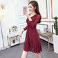 Dinner Dress Women's Fashion Temperament Long Sleeve Sexy Bright Diamond Mesh Drawstring V-neck