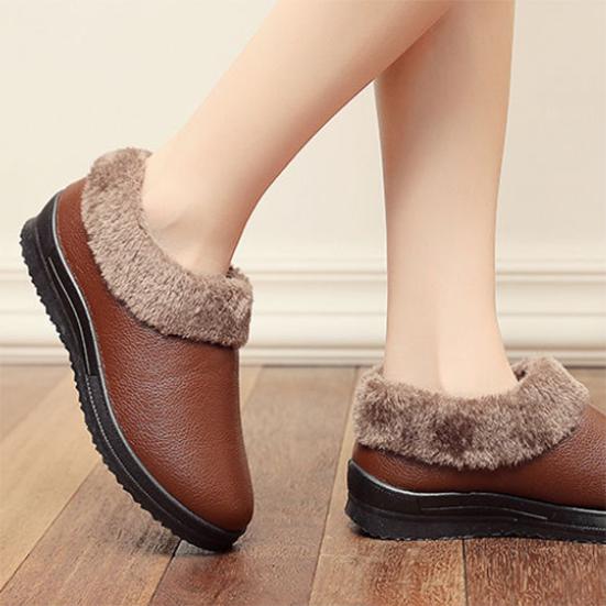 Women's Winter Large Size Cotton Shoes Plus Velvet Thick Cotton Shoes PU Surface Waterproof Non Slip Flat Snow Shoes