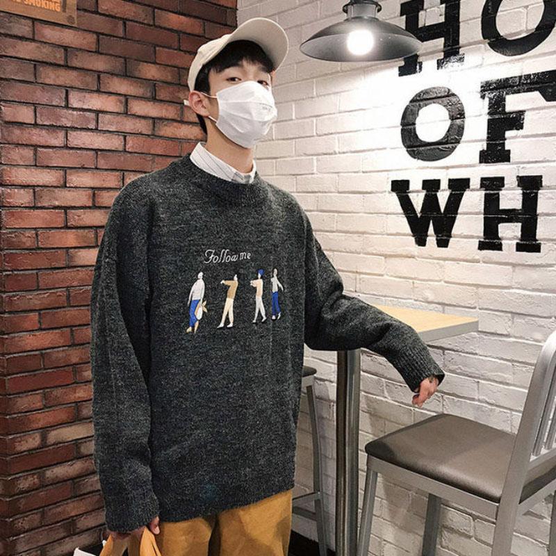 Round Neck Men's Sweater Pullover Men's Knitwear Winter Warm Loose Long Sleeve Top