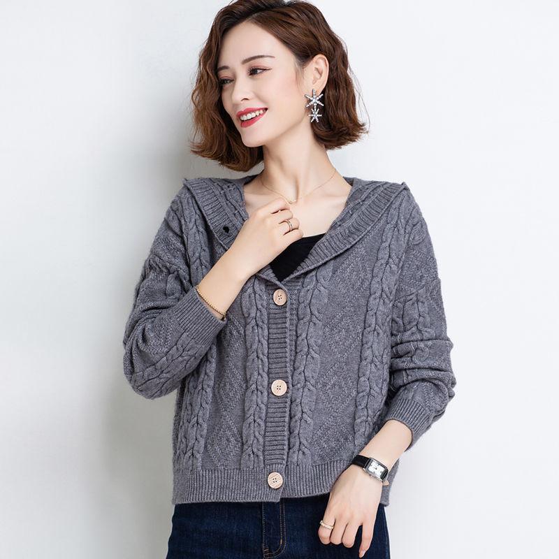 Autumn and Winter Knitted Hoodie Cardigan Short Loose Top Simple Solid Color Female Jacket