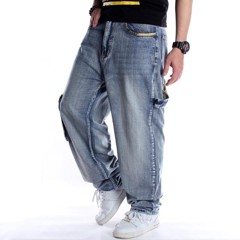 Hip Hop Jeans Plus Size Straight Loose Blue Denim Pants  Big Pockets Camouflave Ribbon Fashion Casual Mens Baggy Jean Trousers 40 42 44 46