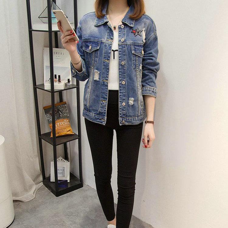 Female Long Sleeve Loose Button Sequins Lapel Casual Denim Jacket Women's Autumn Large Size Ripped Denim Coat