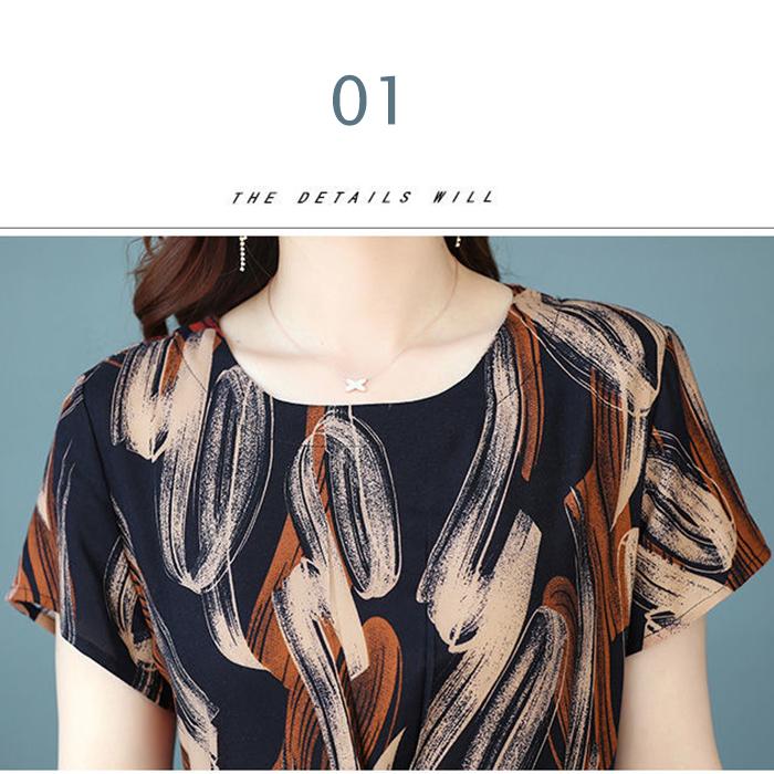 Women's Summer Dress Middle-aged Mother Cotton Short Sleeve Round Neck Printing Mid-length Daily Wear