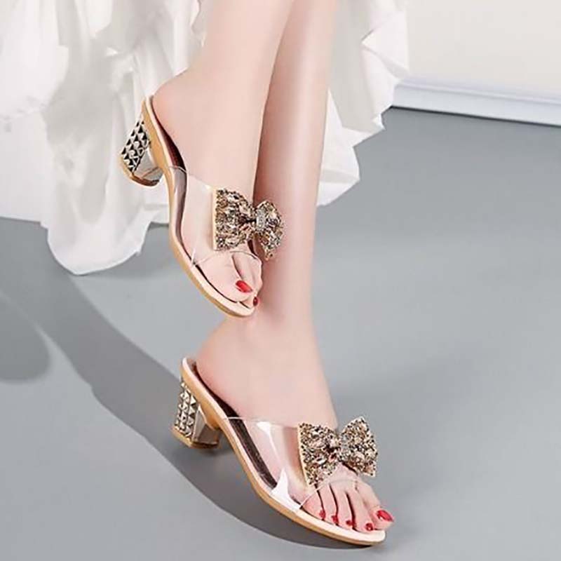 Sandals and Slippers for Women's Outer Wear Fashion Crystal Thick Heel Comfortable Sequins Rhinestone Bow Female Summer Sandals and Slippers