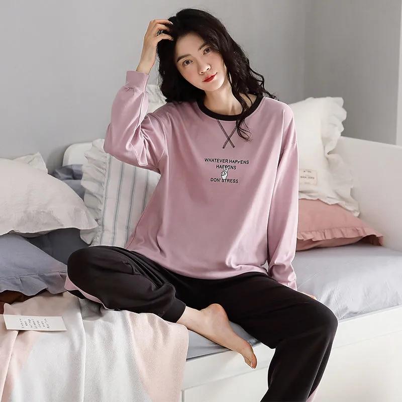 Women Pajamas Set Long Sleeve Pyjamas Suit Spring Autumn Sleepwear Winter Home Wear Loose Casual Pullover Round Neck Cute Nightwear Tops Pants