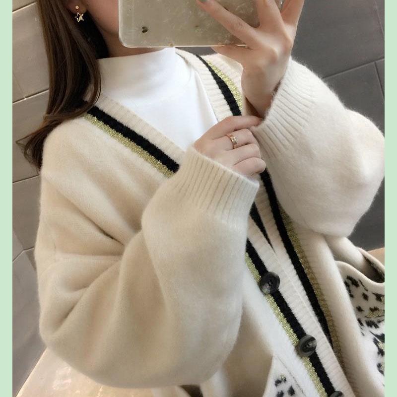 Spring and Autumn V-neck Jacket Knitted Cardigan Leopard Print Top Mid-length Casual Female Student Sweater