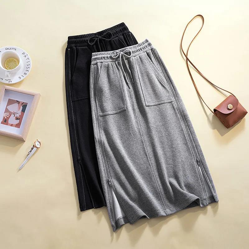 Side Slit Zipper Women Large Size Cotton Skirt with Elastic Waist A-line Skirt with Long Solid Color Sport Style