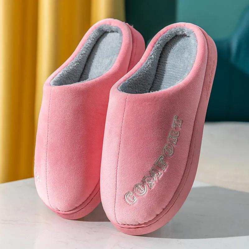 Pink Winter Slippers Women Thick Warm Cotton Shoes Home Mens Plus Size Winter Slipper