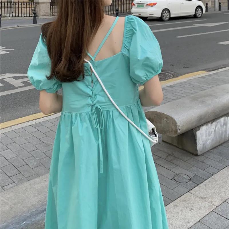 Women's Summer Solid Color Skirt Puff Sleeve Dress V-neck Midi Skirt