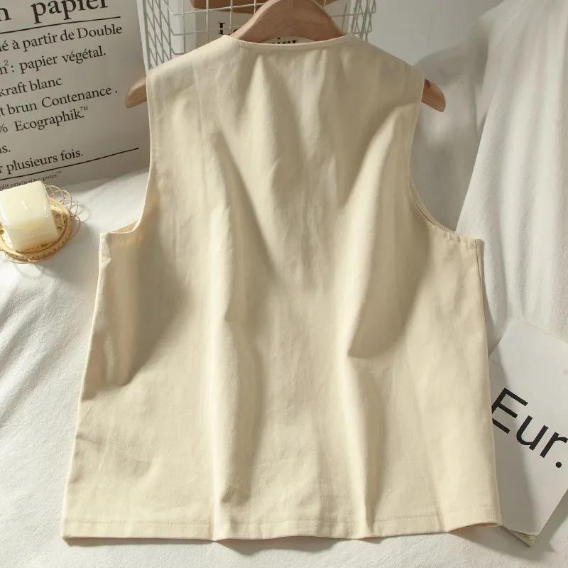 Strawberry Embroidery Women's Vest Coat Solid Color Sleeveless Spring and Summer Loose Casual Waistcoats
