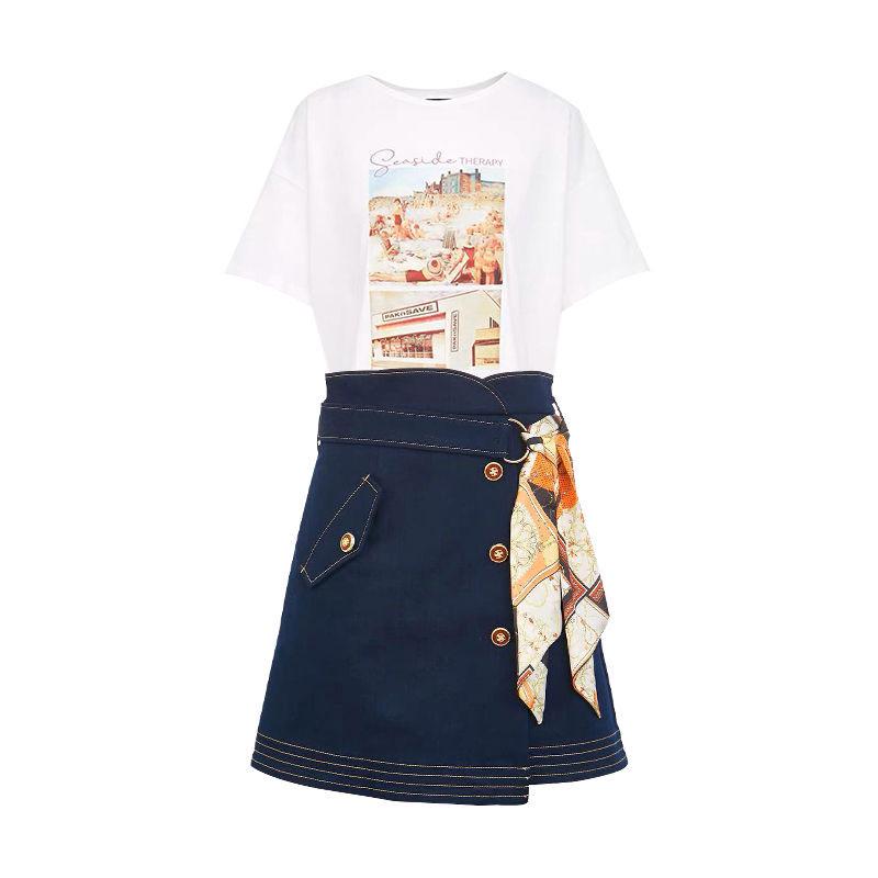 Pofulove Summer tops skirt 2 Piece Set Women printed T Shirt Irregular Skirt 2 Piece Set outfits