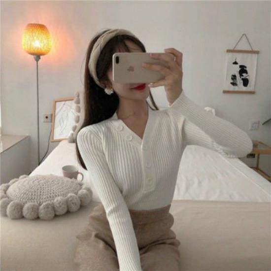 Pofulove Sexy V- Neck Button Pullover Long Sleeve Sweater Women Solid Color Fit Waist Knitwear