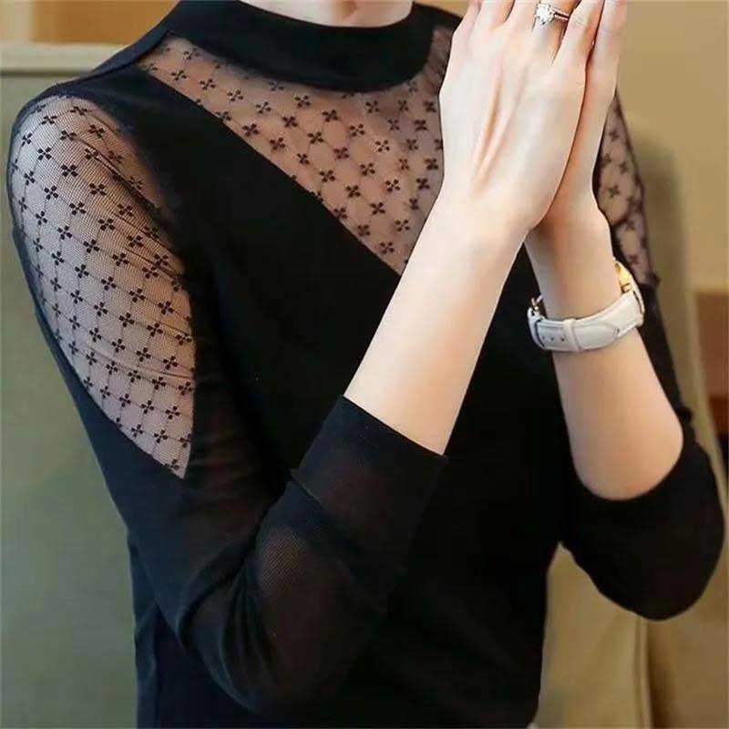 Shirt Women's Thin Spring and Summer Mesh Bottoming Shirt Long-sleeved Sexy Black Inner T-shirt